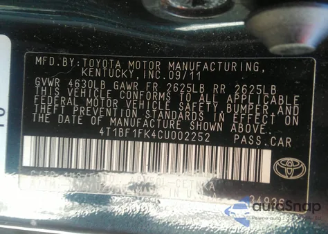 2012 Toyota Camry Le from USA, damaged, VIN 4T1BF1FK4CU002252